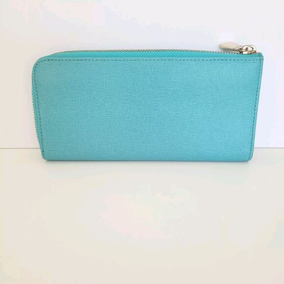 Furla Italian Zip Around Wallet Large Geniue Leather Tiffany Blue Designer Logo - Picture 2 of 10